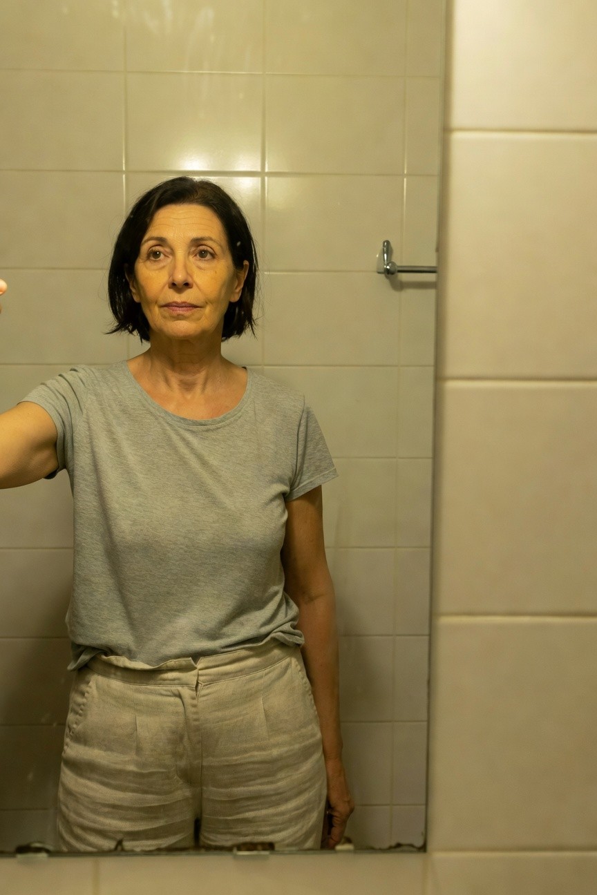 Mature woman with short dark hair standing in bathroom mirror selfie wearing light gray short-sleeve crewneck t-shirt tucked into high-waisted beige linen shorts, one arm raised in V-sign pose