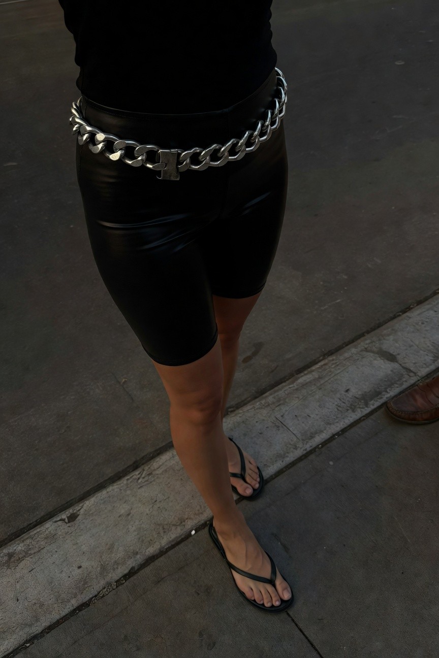 Close-up of woman in black tube top, black leather bike shorts cinched with oversized silver chain belt, black flip flops on feet, standing on pavement showing legs and outfit details