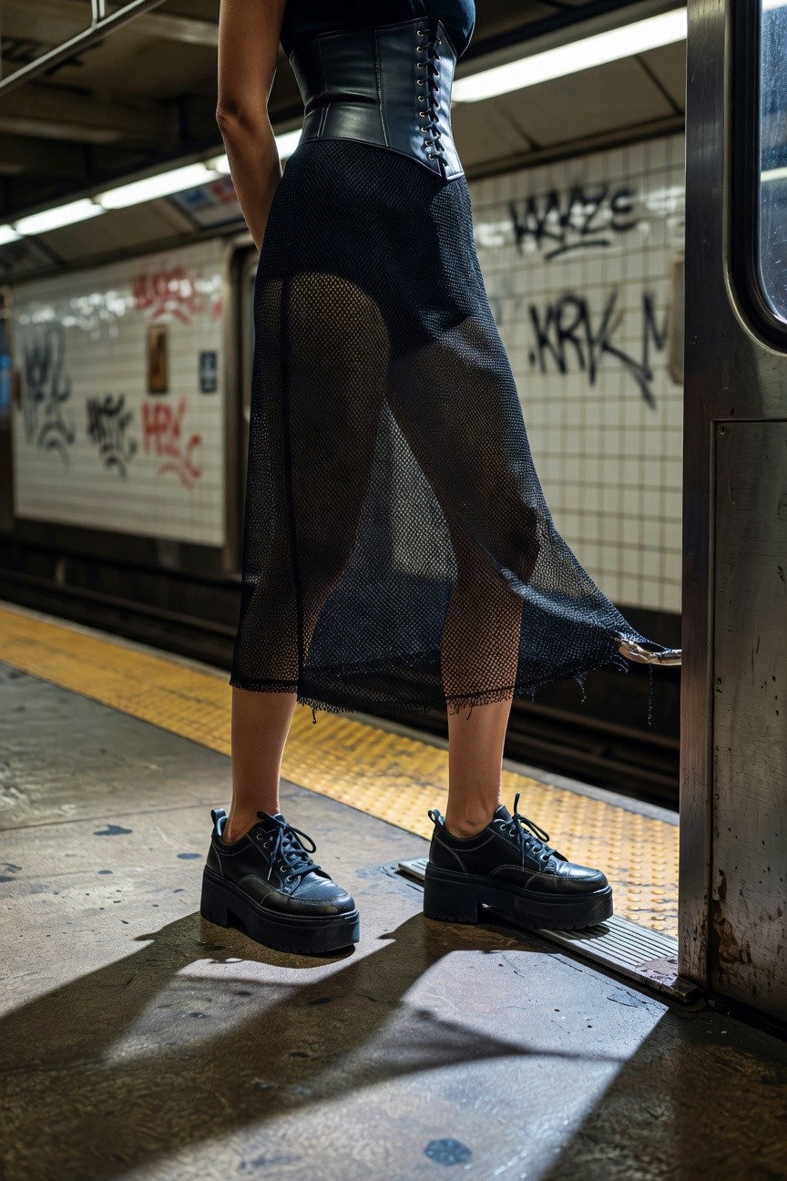 Back view of a woman in a black leather corset top, sheer black mesh skirt, and black platform sneakers, standing by a subway train door on a tiled platform with graffiti walls.