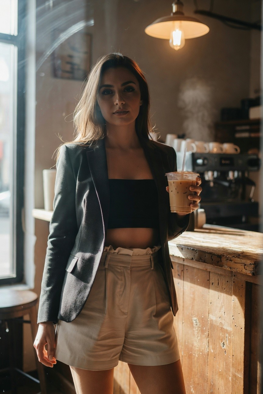 Woman in a dark charcoal blazer over black strapless crop top and high-waisted beige pleated shorts, holding an iced coffee cup, standing by a wooden cafe counter