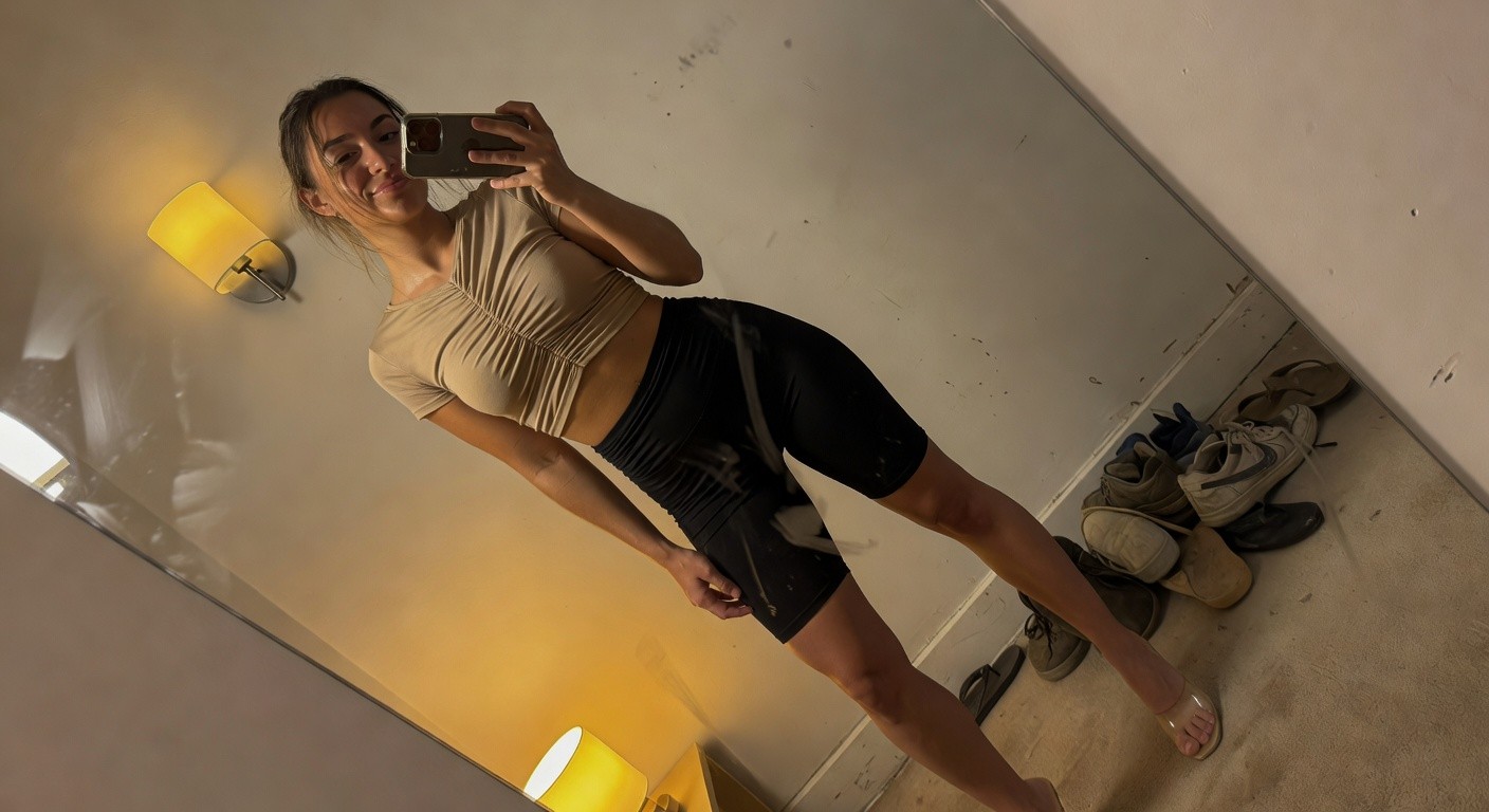 Woman taking a mirror selfie in a hallway wearing a ruched sage green short-sleeve crop top, high-waisted black bike shorts, and clear strappy platform heels, posing with one hand on hip and messy bun hairstyle
