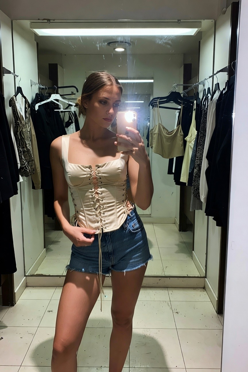 Woman taking a mirror selfie in a clothing store fitting room, wearing a beige satin lace-up corset top with thick straps and square neckline, paired with frayed light blue denim shorts, hand adjusting the corset laces, surrounded by hanging clothes.