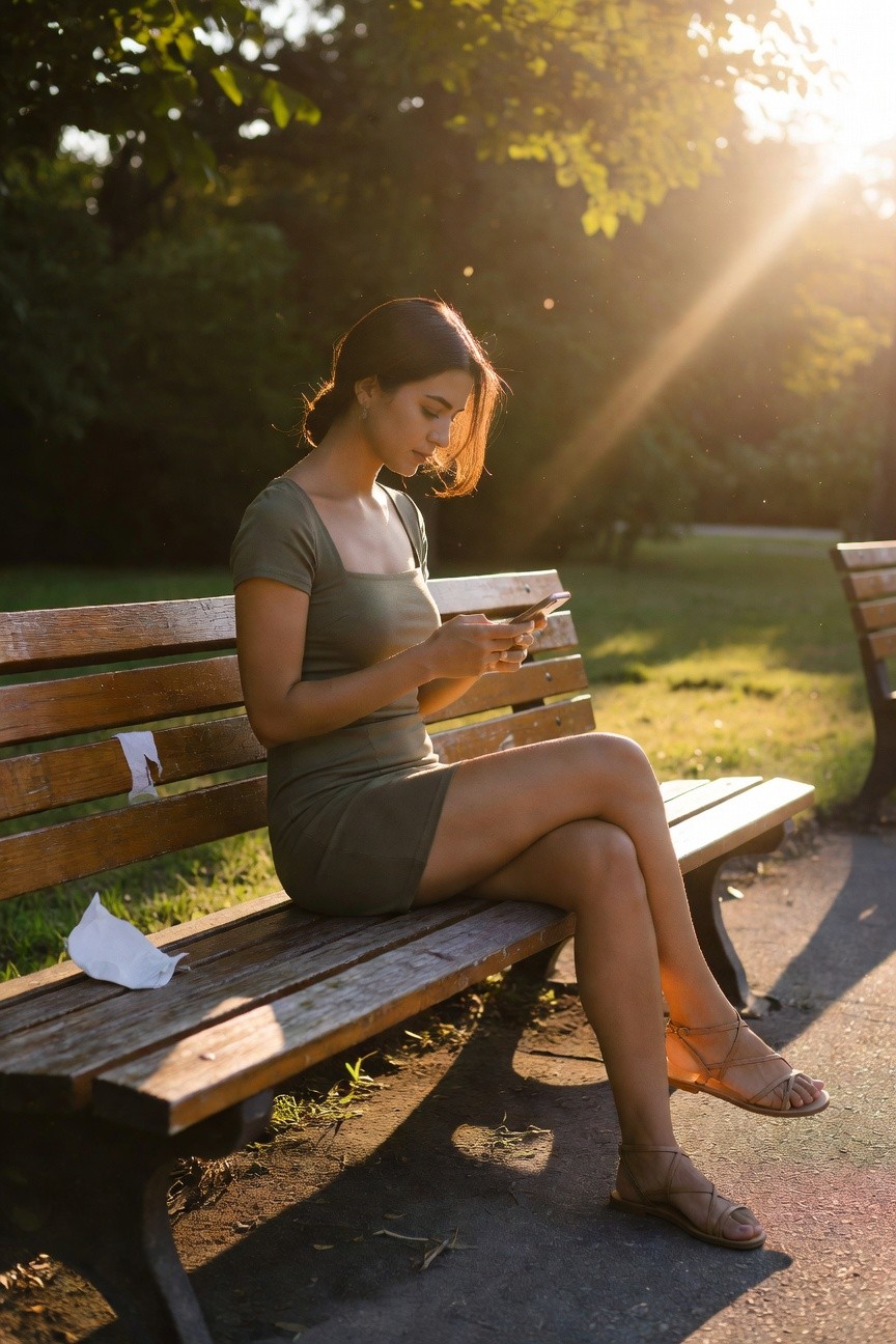 Woman sitting on wooden bench in olive green short-sleeved square-neck mini dress, crossed legs showing thigh, holding phone, wearing tan crisscross strappy flat sandals, dark hair in loose bun, natural park setting with green grass
