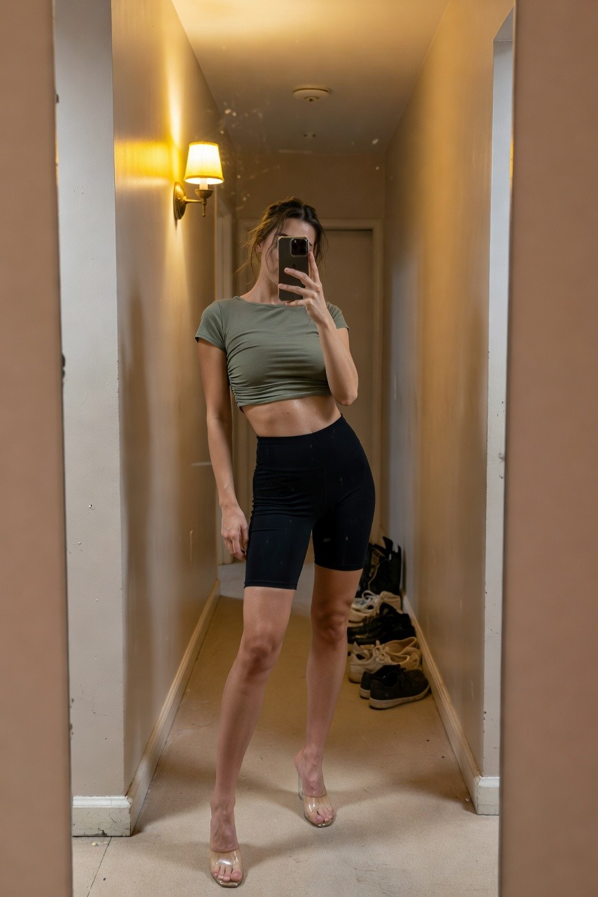 Woman taking a mirror selfie in a hallway wearing a ruched sage green short-sleeve crop top, high-waisted black bike shorts, and clear strappy platform heels, posing with one hand on hip and messy bun hairstyle
