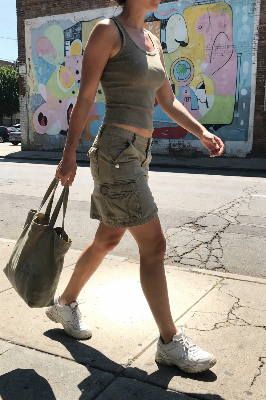 Woman walking in fitted olive green tank top, short khaki cargo shorts with pockets, white chunky platform sneakers, and beige canvas tote bag