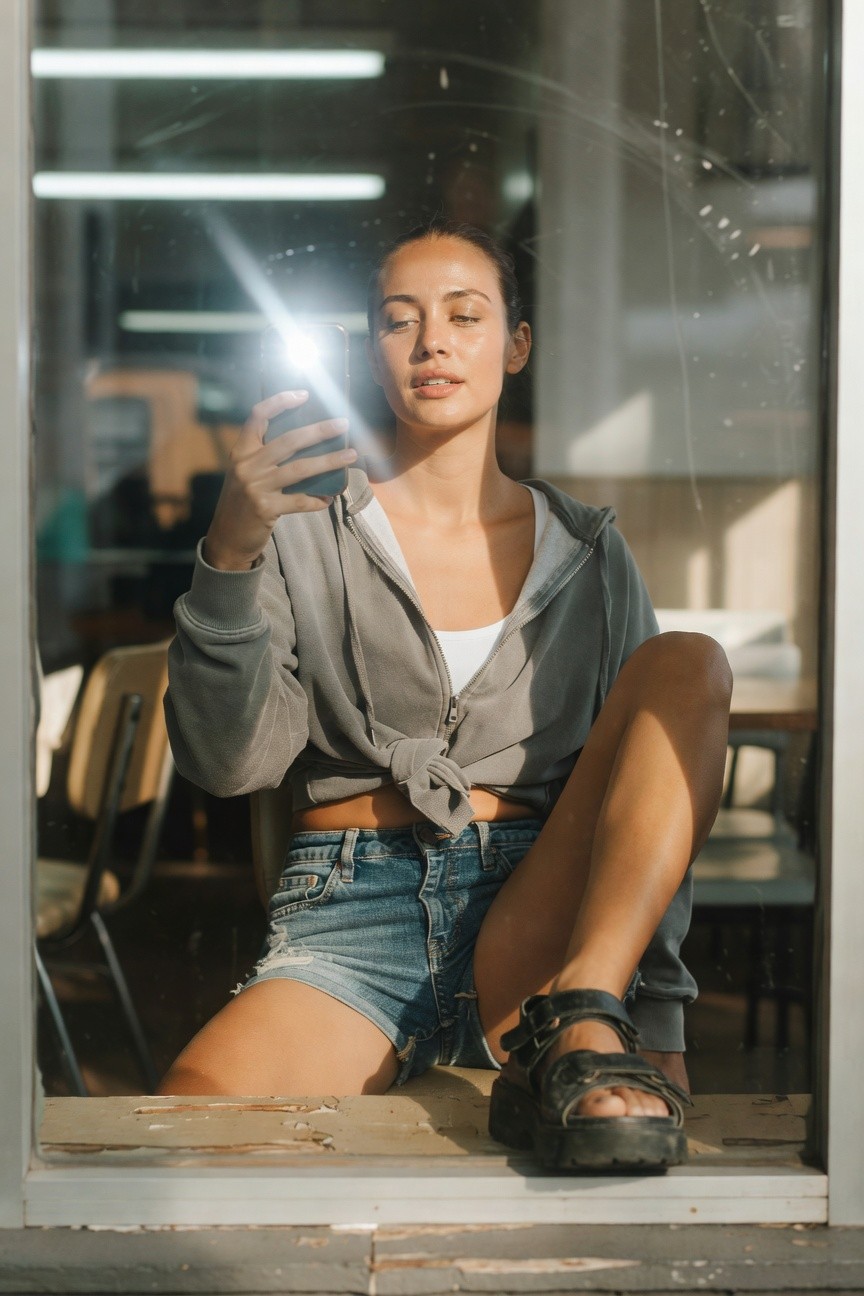 Woman in open gray zip-up hoodie tied at waist over white tank top, distressed blue denim shorts, and black chunky platform sandals, posed sitting with legs extended while holding phone for selfie