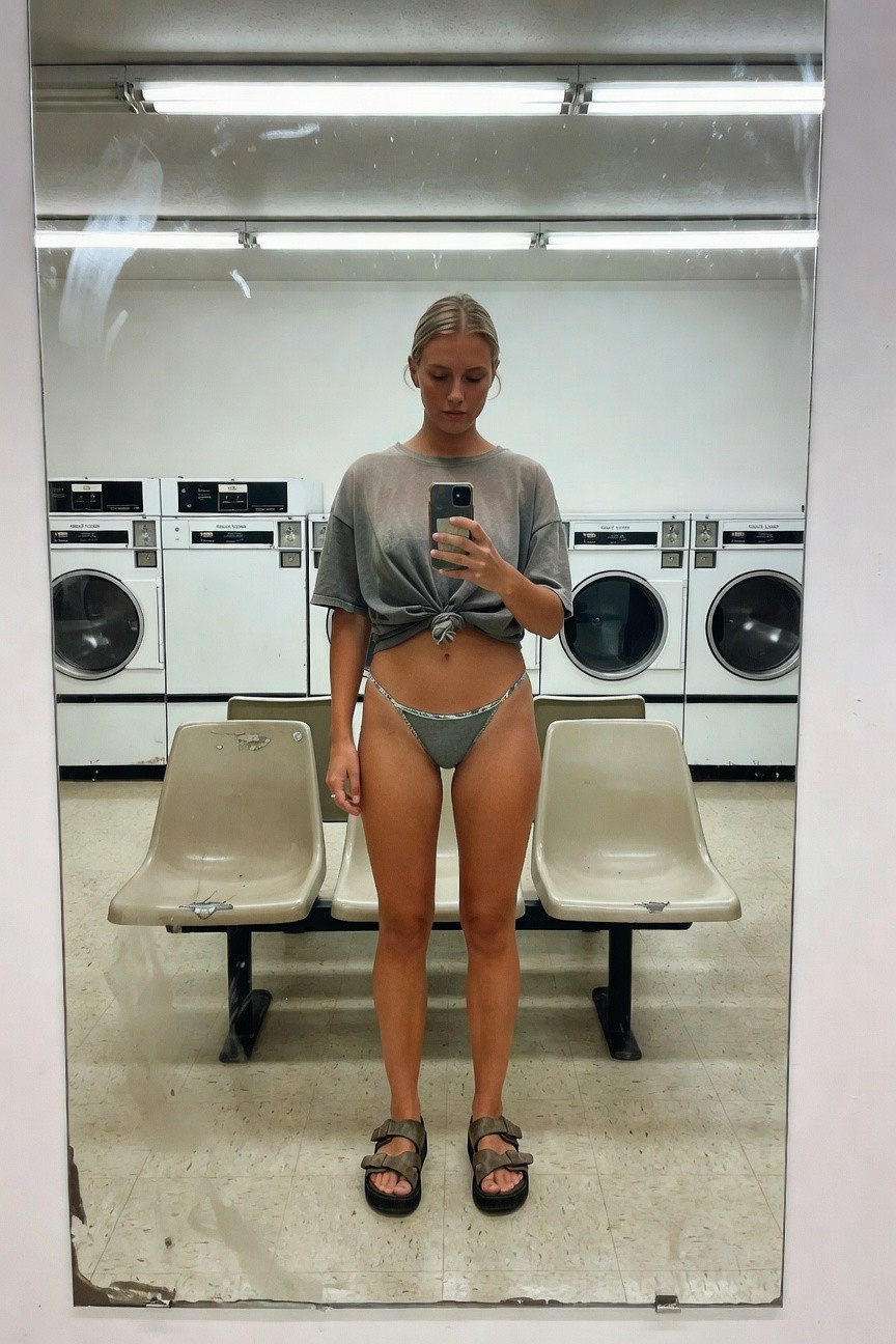 Blonde woman in a laundromat mirror selfie wearing an oversized sheer gray t-shirt tied at the waist exposing midriff, gray string bikini bottoms with chain accents, and tan strappy sandals, standing confidently between plastic chairs with washing machines in background