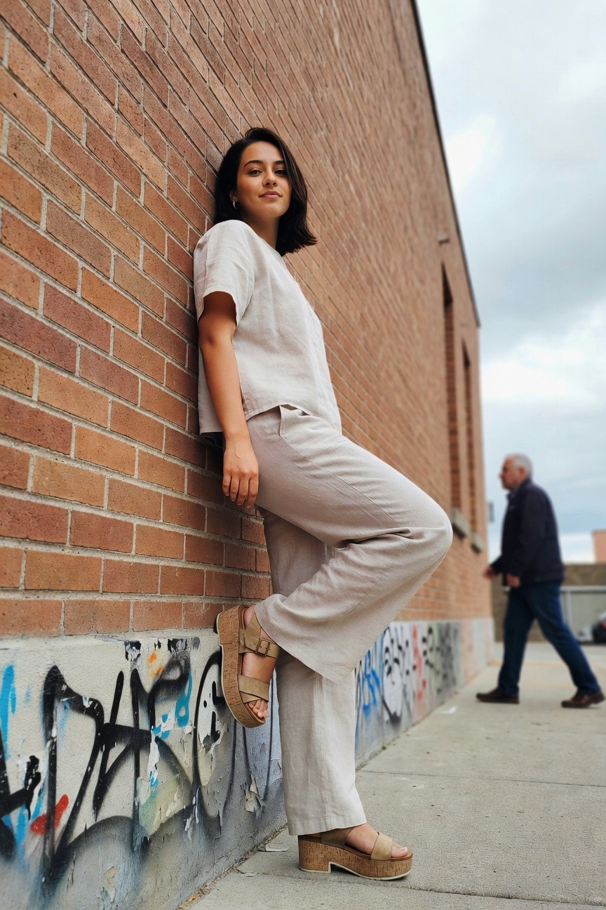 Young woman in beige linen short-sleeve top and matching wide-leg pants leaning against brick wall, wearing tan cork wedge sandals, short dark hair and hoop earrings, man blurred in background with graffiti on wall
