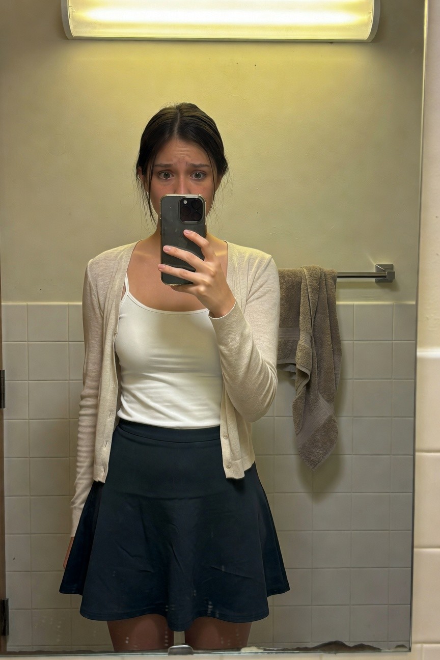 Mirror selfie of woman in bathroom wearing white spaghetti-strap tank top layered under open beige knit cardigan with black flared mini skirt, holding phone, towel on rack nearby