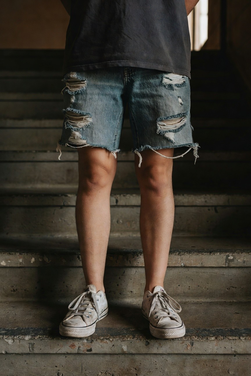 A person stands on concrete stairs wearing a loose heather gray t-shirt, high-waisted mid-thigh ripped denim shorts with extensive fraying and distress details on thighs and hem, and worn white low-top Converse sneakers, casual hot weather outfit emphasizing comfort and edge