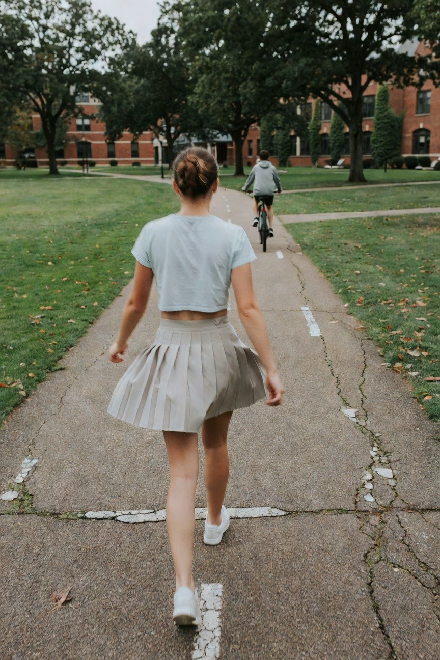 Back view of woman walking in light blue cropped t-shirt exposing midriff, short gray pleated skirt, white sneakers, ponytail hairstyle, on paved path