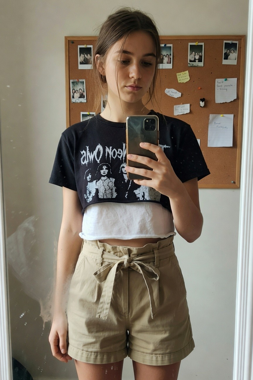 Young woman in mirror selfie wearing a black cropped band graphic t-shirt layered over a white crop top, paired with high-waisted beige tie-waist shorts, standing in front of a corkboard wall.