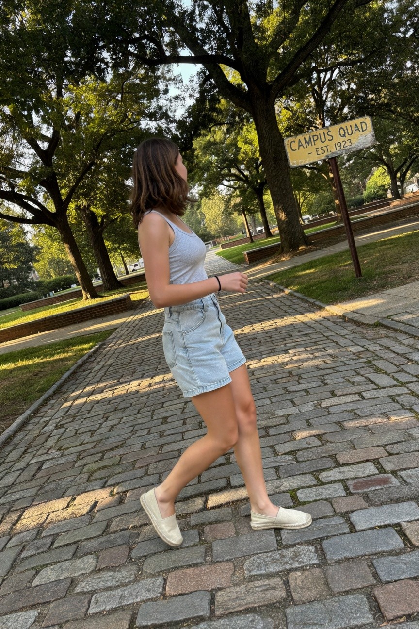 Side profile of a young woman walking away in a light gray sleeveless tank top, pale denim shorts, beige espadrilles, and a black bracelet on her wrist, set against a cobblestone path.