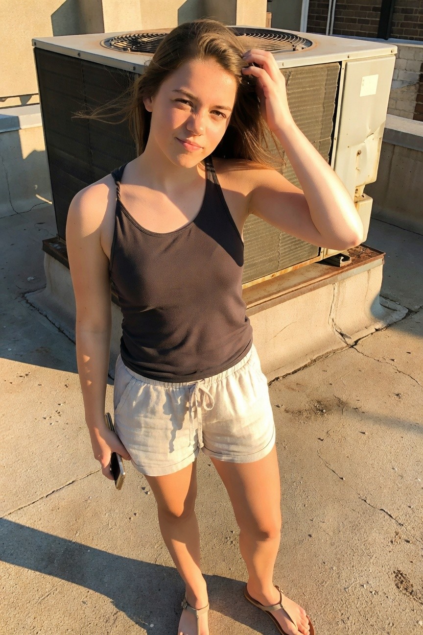 Young woman standing outdoors in a dark gray sleeveless tank top, light beige linen drawstring shorts, tan strappy flat sandals, holding a phone, with loose brown hair and hand near head