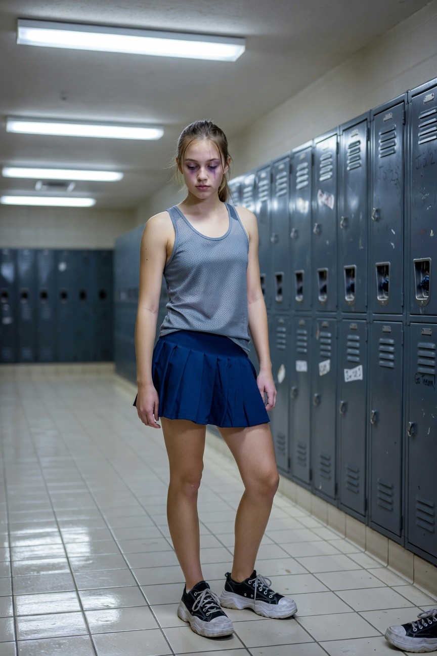 Teenage girl in a gray mesh tank top, navy pleated mini skirt, and black chunky sneakers, standing in a school locker room with a ponytail and subtle makeup