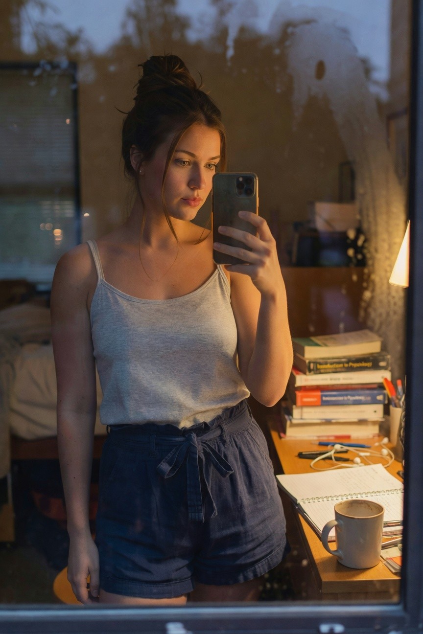Woman in a light gray spaghetti-strap tank top and navy blue high-waisted tie shorts taking a mirror selfie in a bedroom with books and desk visible behind her