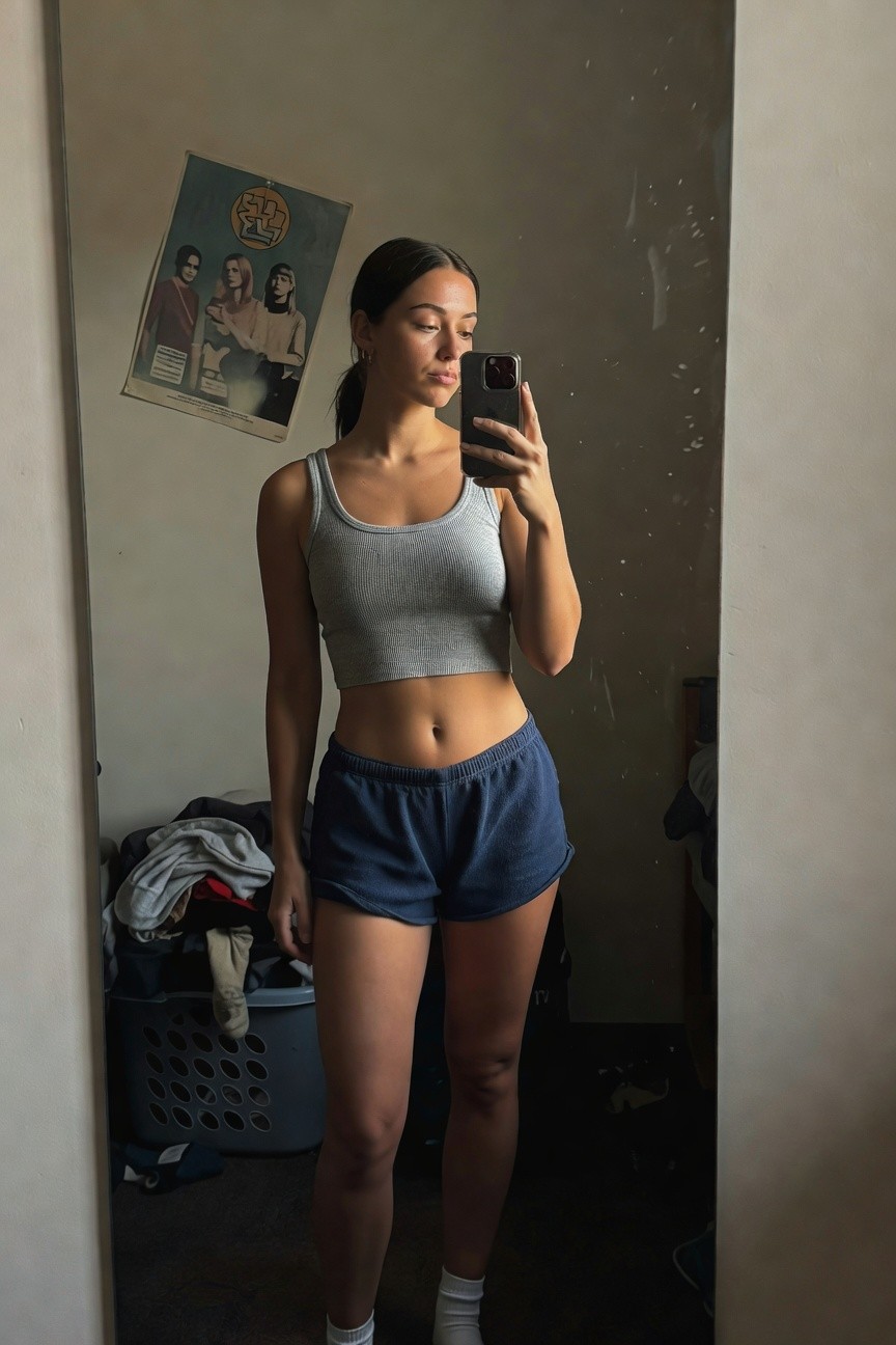 Mirror selfie of a woman in a cropped gray ribbed tank top, navy blue athletic shorts, and white crew socks, standing in a casual bedroom with laundry nearby