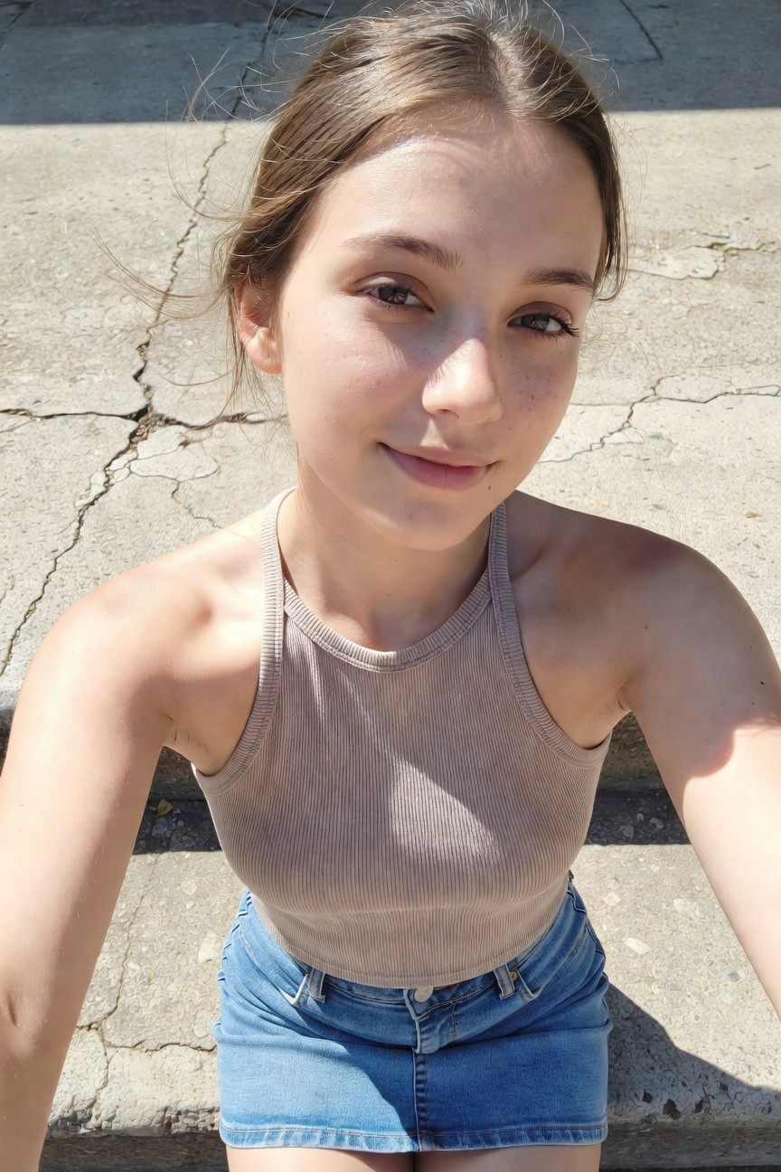 Teen girl in selfie pose on concrete steps wearing a sleeveless ribbed beige tank top and high-waisted blue denim mini skirt, ponytail hairstyle