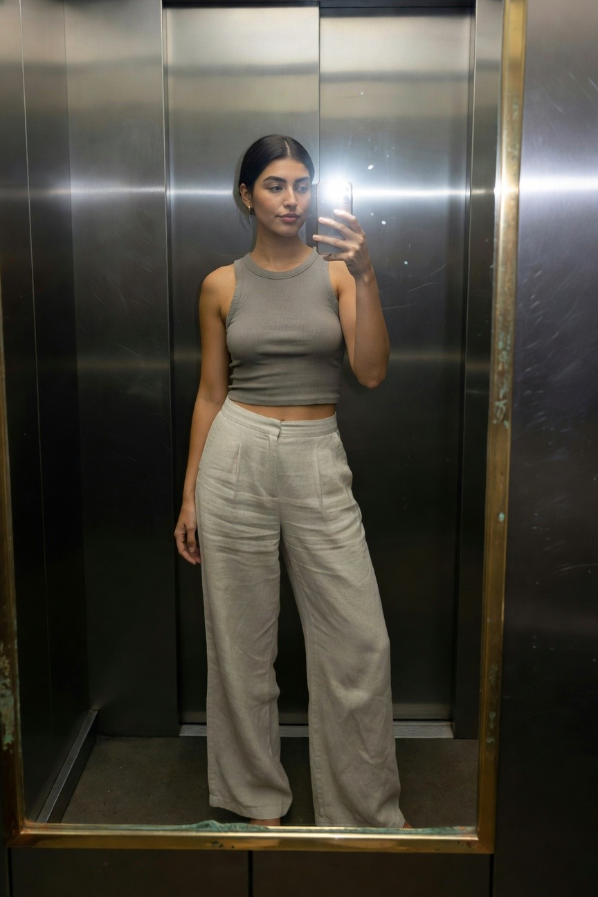 Young woman taking a mirror selfie in an elevator, wearing a fitted gray ribbed sleeveless tank top and high-waisted wide-leg pale linen pants, barefoot, with subtle gold hoop earrings and dark hair tucked behind ears
