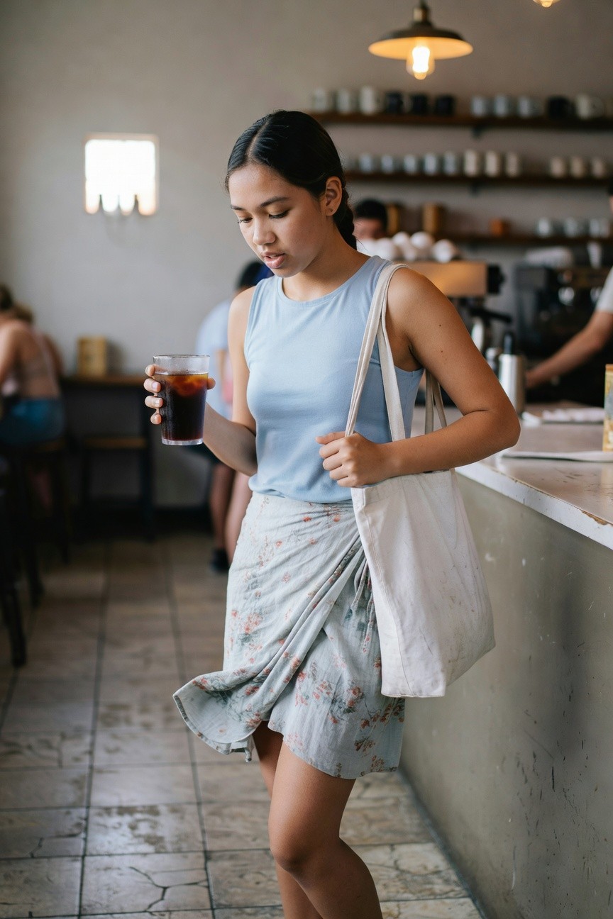 Young Asian woman holding iced coffee glass, wearing light blue sleeveless tank top, short pale blue floral print wrap skirt, white canvas tote bag over shoulder, standing indoors