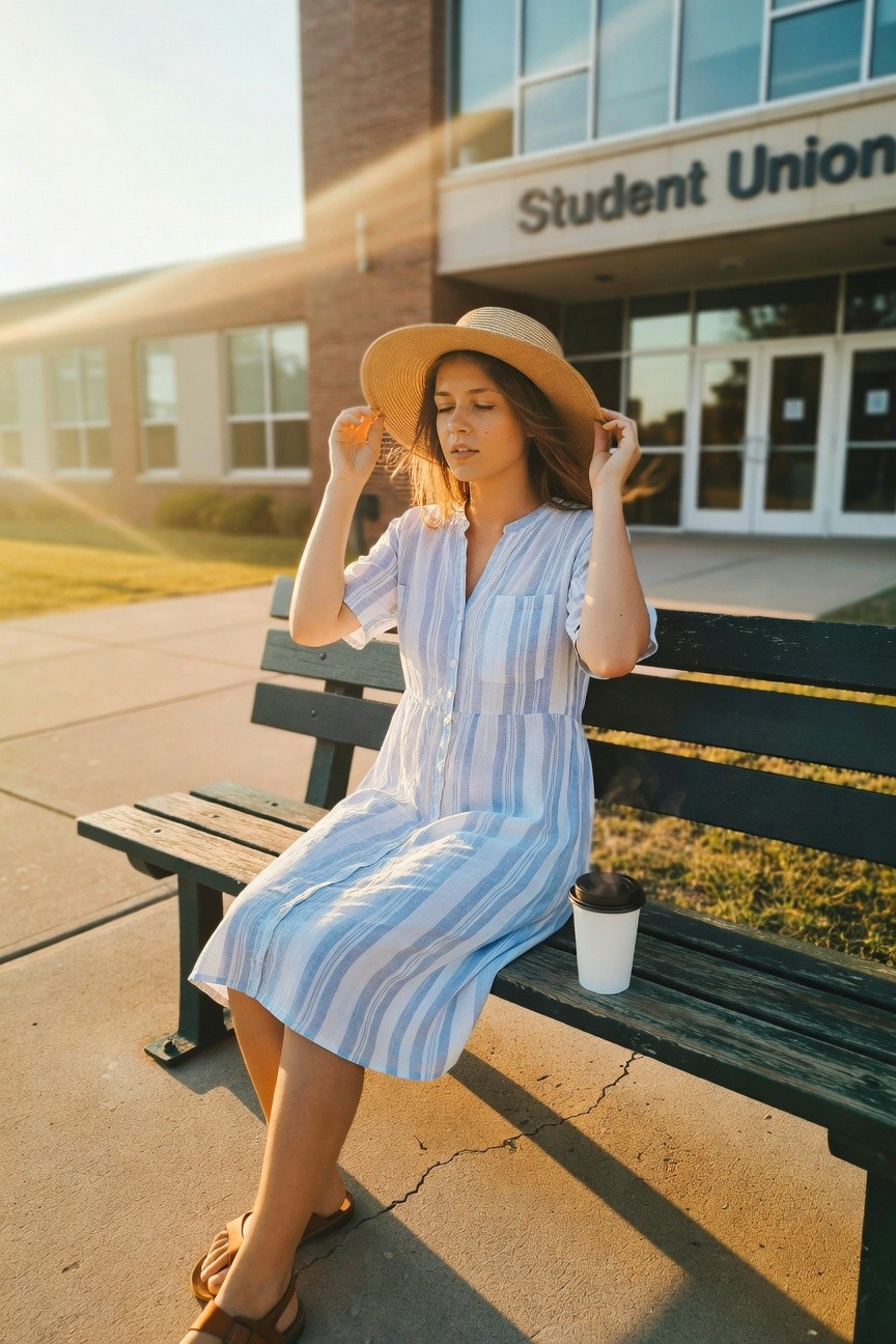 Woman sitting on a green bench in a light blue and white striped short-sleeve button-down midi dress, beige wide-brim straw hat, tan strappy flat sandals, holding a white lidded coffee cup, outside a brick building labeled Student Union
