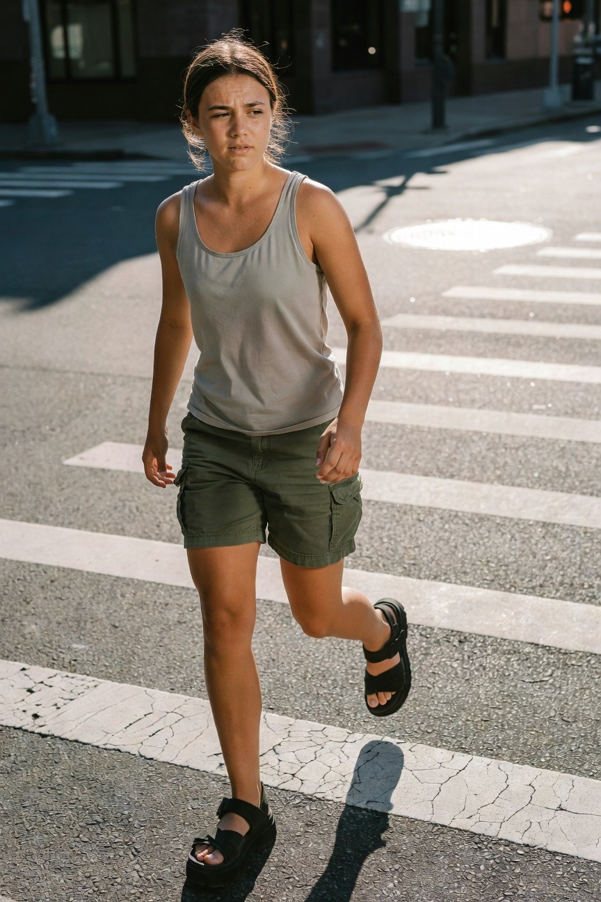 Woman walking across crosswalk in gray sleeveless tank top, green cargo shorts with pockets, and black platform sandals with straps