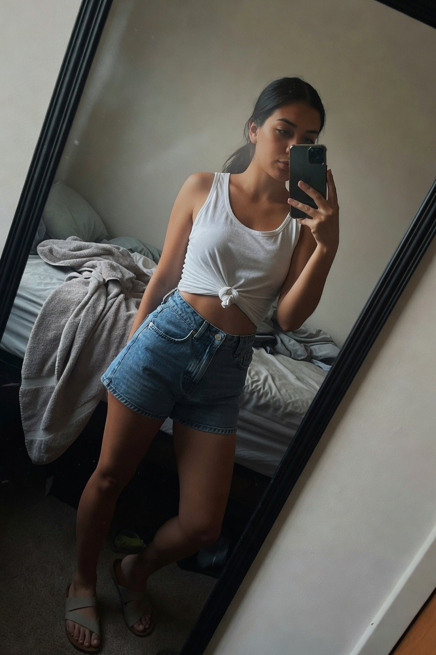 Mirror selfie of a woman with dark hair in a ponytail wearing a white cropped tank top tied at the waist, high-waisted light blue denim shorts, and tan strappy sandals, standing in a bedroom with bed in background