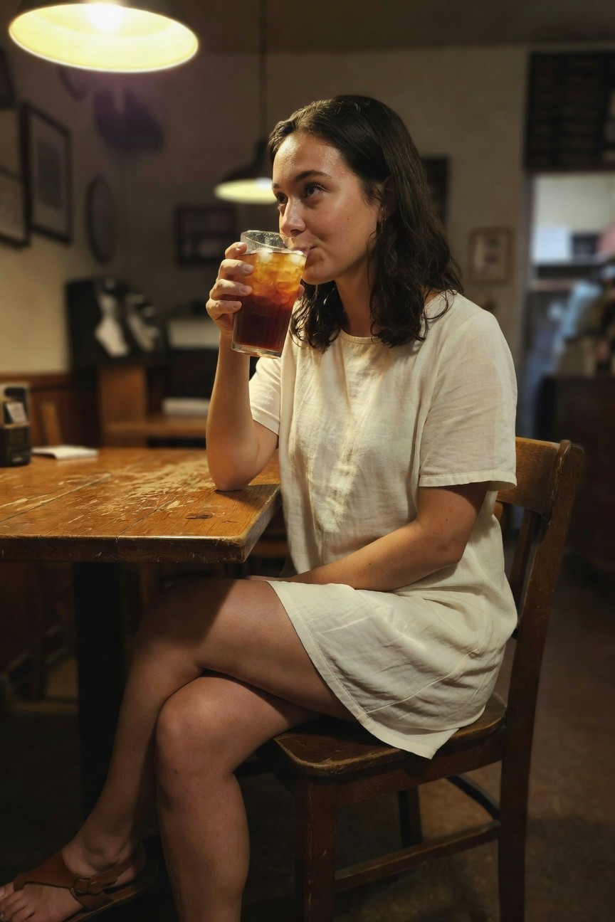 Woman seated at a wooden table in a short white linen short-sleeved shift dress with brown strap sandals, holding a glass of iced tea, hoop earrings visible