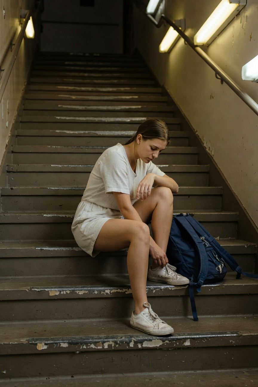 Young woman with brown hair sitting on worn concrete stairs in a loose white short-sleeved romper with shorts, white low-top sneakers, adjusting her shoe while navy backpack rests beside her in a dimly lit stairwell