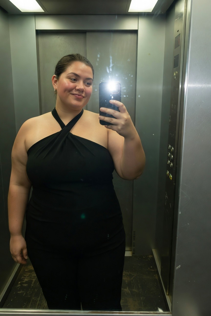 Plus-size woman smiling in selfie wearing sleek black crossover halter neck jumpsuit with wide-leg pants, posing in elevator mirror with phone flash