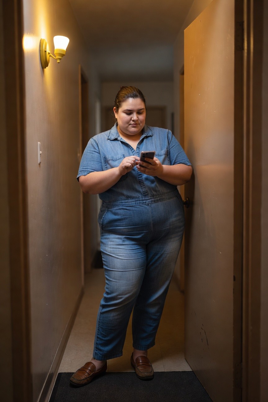 Plus-size woman standing in a hallway wearing a short-sleeved blue denim jumpsuit with button front and wide legs, brown loafers, holding a phone while leaning casually