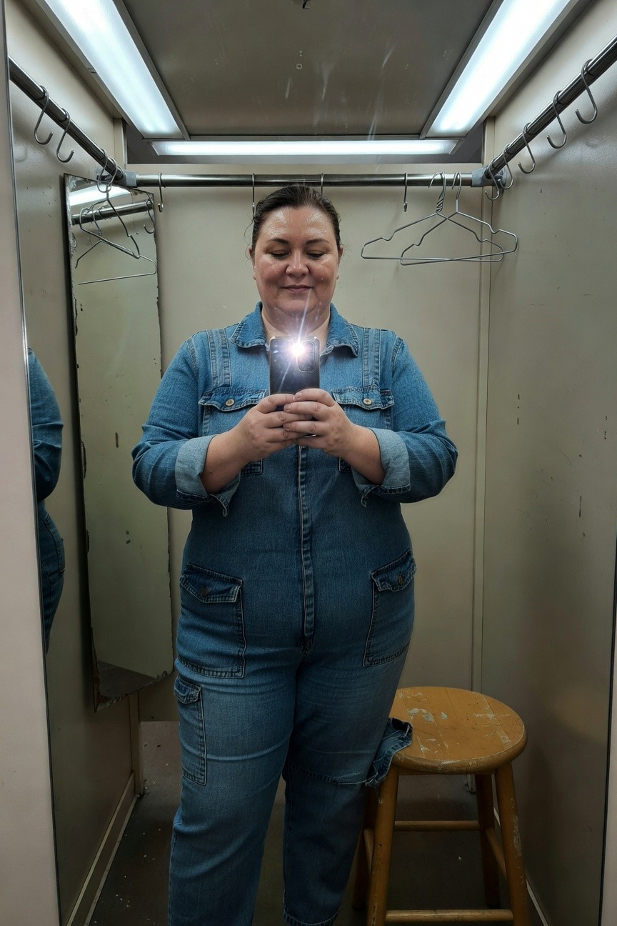 Plus-size woman smiling in a blue denim long-sleeve jumpsuit with cargo pockets, taking a mirror selfie in a fitting room with hangers and stool visible