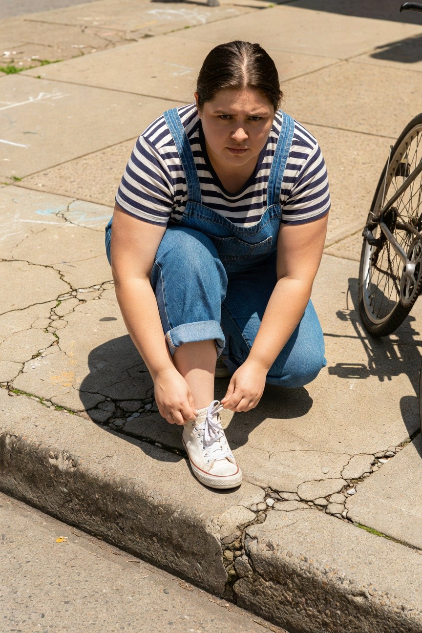 Plus-size woman kneeling on sidewalk tying white lace-up sneakers, wearing blue denim overalls with rolled cuffs over a white-and-navy striped short-sleeve shirt, bicycle nearby