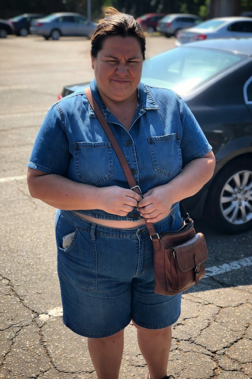 Plus-size woman standing in parking lot wearing cropped blue denim short-sleeve shirt unbuttoned over high-waisted blue denim shorts with frayed hem, brown leather crossbody bag, and strappy sandals, hands adjusting bag strap