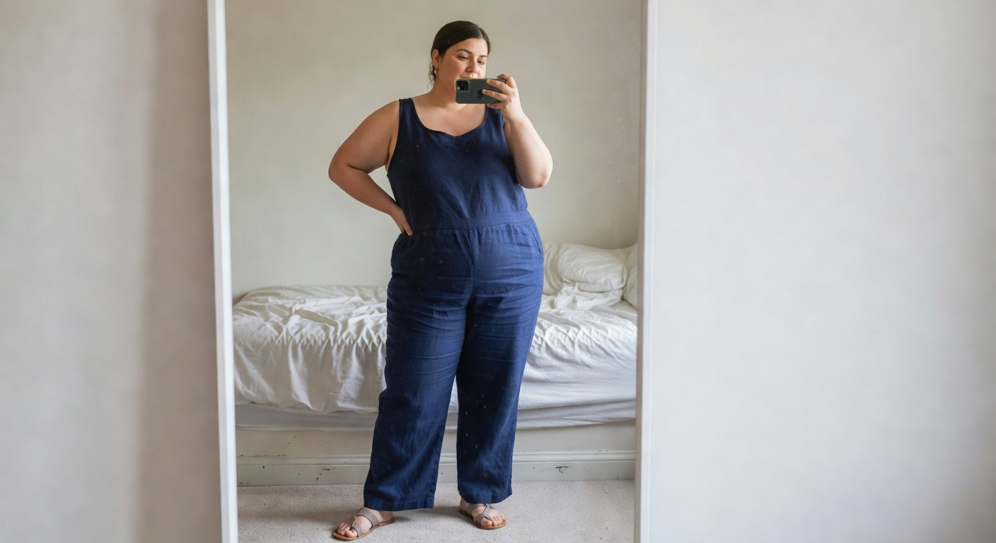Plus-size woman with smiling expression taking a mirror selfie in a sleeveless navy blue linen wide-leg jumpsuit and beige strappy sandals, standing in a bedroom with white bed sheets and wooden bed frame visible behind her