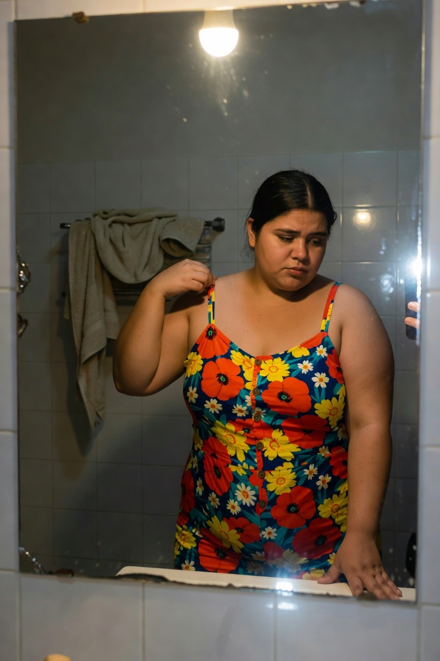 Plus-size woman with dark hair standing in front of bathroom mirror wearing a vibrant floral print spaghetti-strap jumpsuit in orange, red, yellow flowers on blue fabric, adjusting one strap with a thoughtful expression, towel on rack nearby
