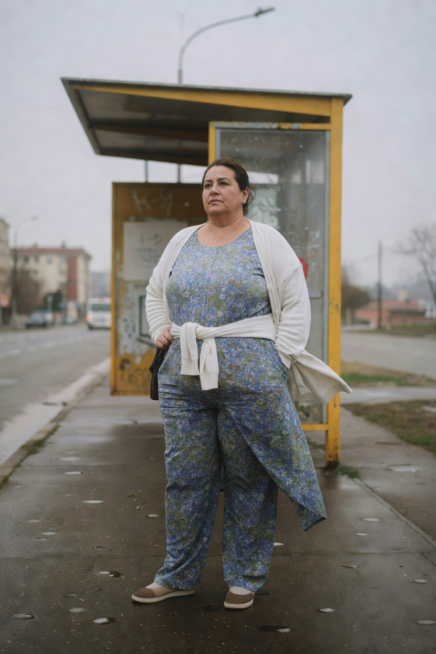 Plus-size woman standing by a yellow bus shelter wearing a blue floral print jumpsuit with wide legs, layered with an open white cardigan belted at the waist, beige espadrille wedge sandals, and holding a black clutch purse.