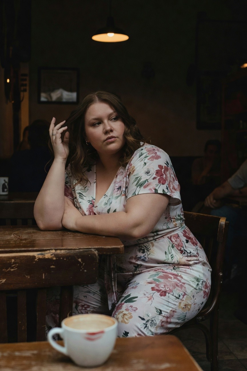 Plus-size woman with wavy brown hair wearing a short-sleeve pale pink floral print jumpsuit, arms crossed on a wooden cafe table next to a white cappuccino cup with pink lipstick mark, seated in a dimly lit indoor setting