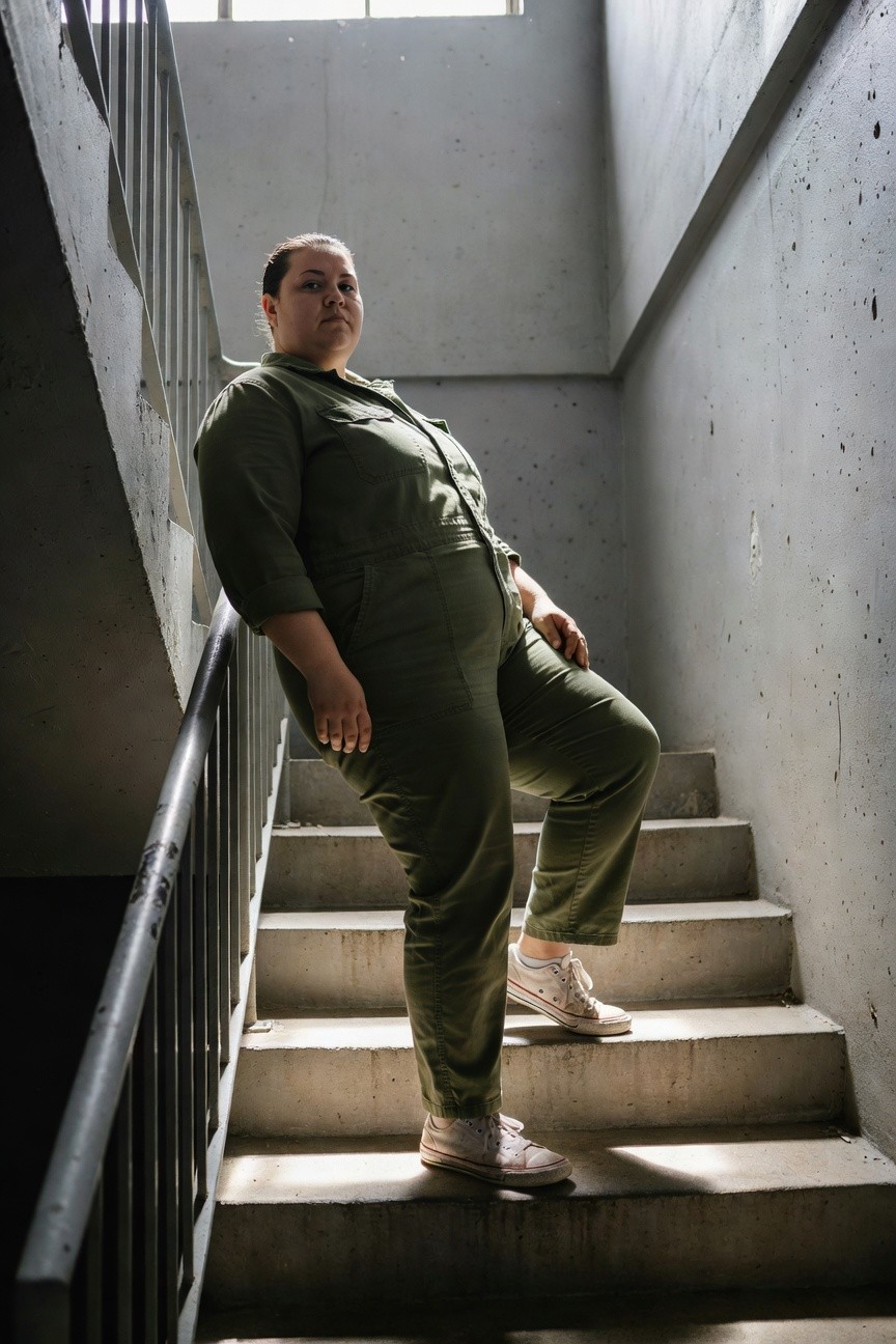 Plus-size woman with short dark hair standing confidently on concrete stairs in an olive green utility-style jumpsuit with button front, patch pockets, wide legs, and white Converse sneakers