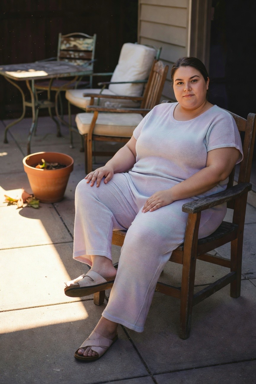Plus-size woman seated outdoors in a loose-fitting light pinkish-gray short-sleeve top and wide-leg pants set, hands on knees, wearing tan strappy flat sandals with one foot raised