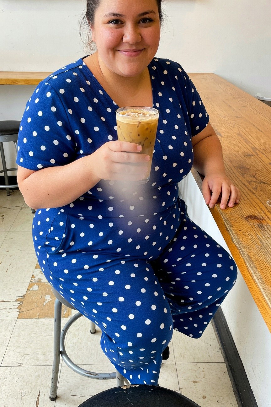 Plus-size woman smiling while seated at a wooden cafe bar in a short-sleeve navy blue jumpsuit printed with white polka dots, wide-leg pants, and holding an iced coffee drink