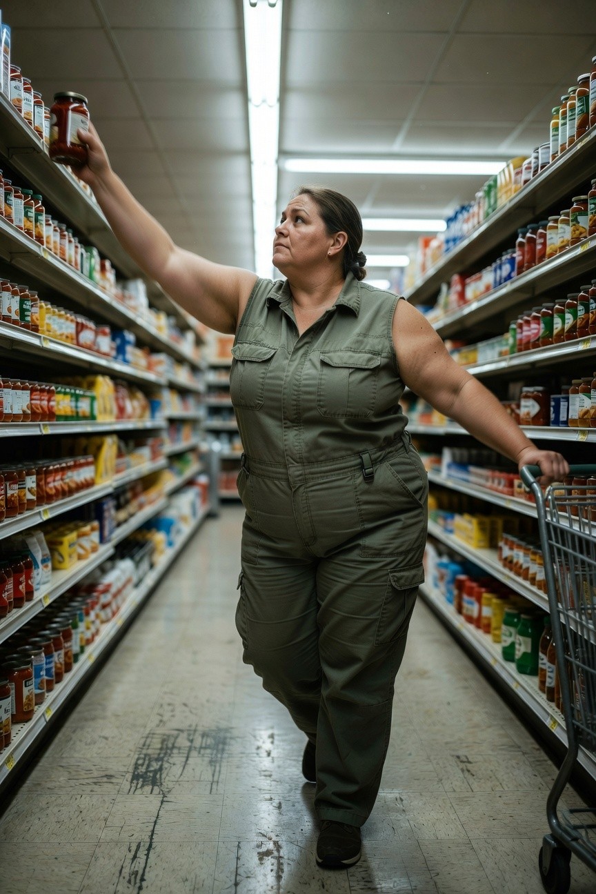 Plus-size woman in sleeveless olive green cargo jumpsuit with utility pockets reaching for a jar of tomato sauce on grocery store shelf while pushing a shopping cart, casual summer outfit style