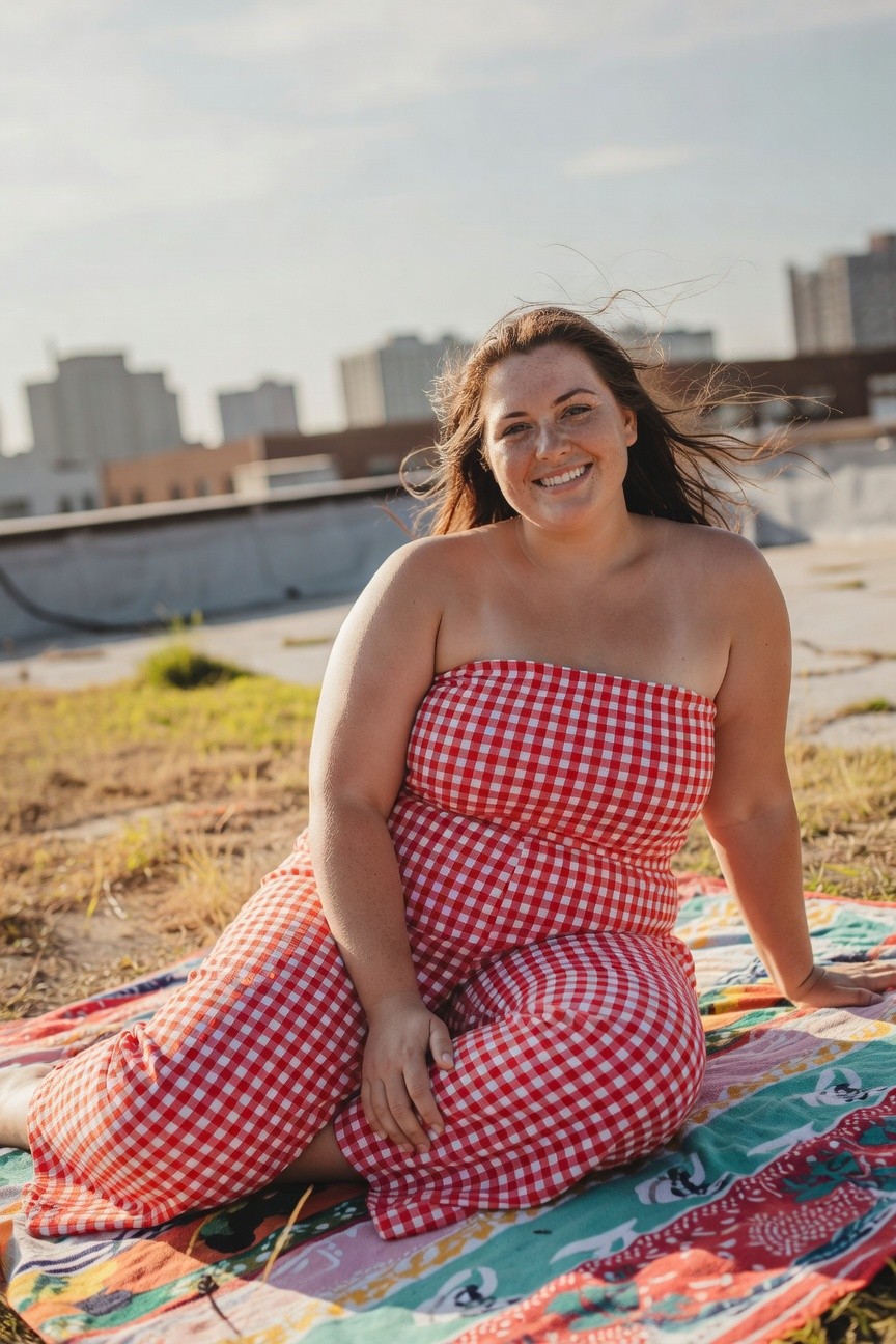 Plus-size woman with long brown hair smiling confidently while seated on a colorful picnic blanket, wearing a red and white gingham strapless jumpsuit with tube top bodice and wide-leg pants, urban buildings in blurred background