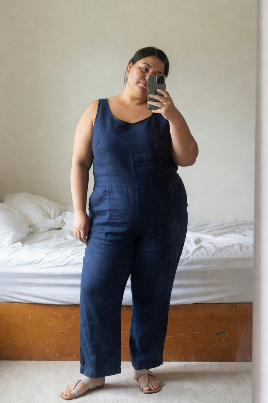 Plus-size woman with smiling expression taking a mirror selfie in a sleeveless navy blue linen wide-leg jumpsuit and beige strappy sandals, standing in a bedroom with white bed sheets and wooden bed frame visible behind her