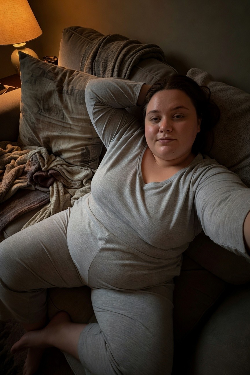 Plus-size woman taking a selfie while lounging on a couch in a matching gray long-sleeve V-neck top and wide-leg sweatpants, soft knit fabric, cozy indoor setting with pillows and lamp