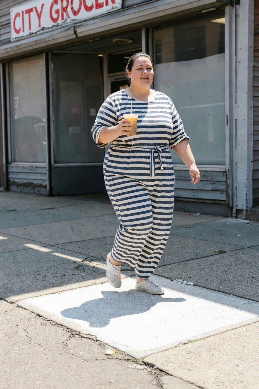 Plus-size woman wearing navy and white striped knit jumpsuit with cinched waist belt, elbow-length sleeves, wide-leg pants, white low-top sneakers, holding iced coffee cup while walking on urban sidewalk