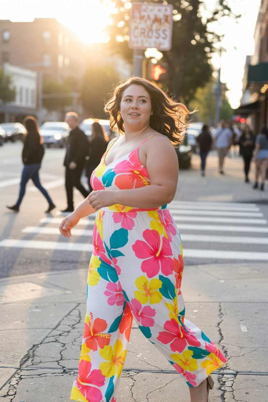 Plus-size woman in a vibrant white-based floral print jumpsuit featuring large pink, yellow, and teal hibiscus flowers, spaghetti straps, wide-leg pants, and nude high heels, captured mid-stride on a crosswalk