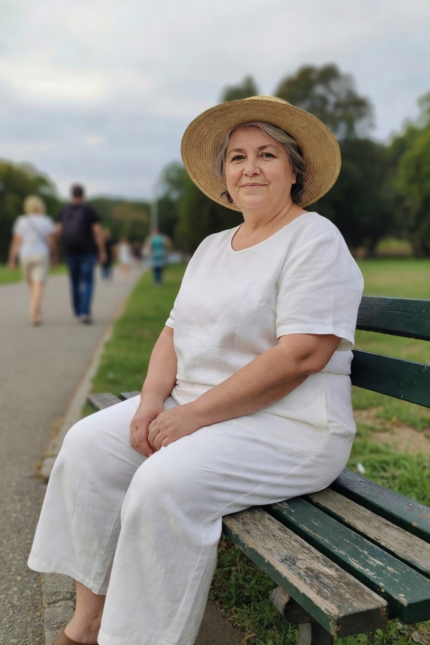 Plus-size woman in her 50s wearing a loose white linen short-sleeve top and matching wide-leg pants, tan straw hat, sitting on a wooden park bench with hands clasped, subtle smile