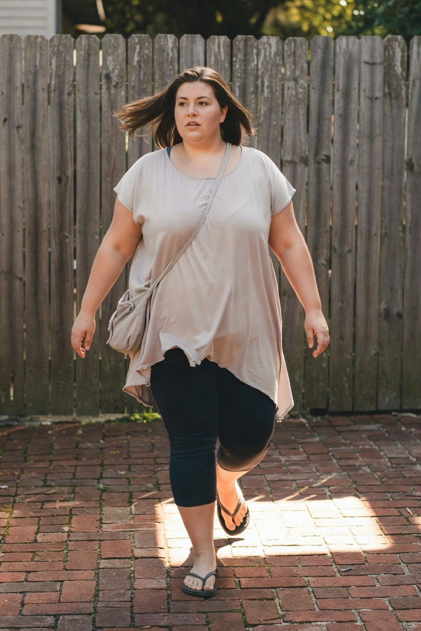 Plus-size woman in motion wearing a flowy pale gray tunic top with uneven hem, black capri leggings, gray crossbody bag, and gray-strap flip flops on a brick walkway