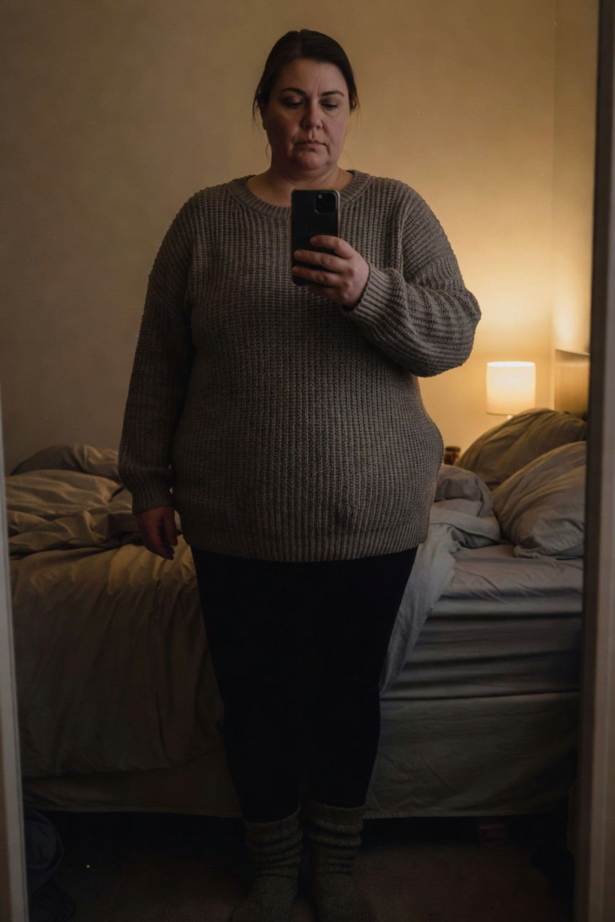 Plus-size woman taking mirror selfie in oversized gray chunky knit sweater tunic over black leggings and tall gray socks, standing in softly lit bedroom with bed in background